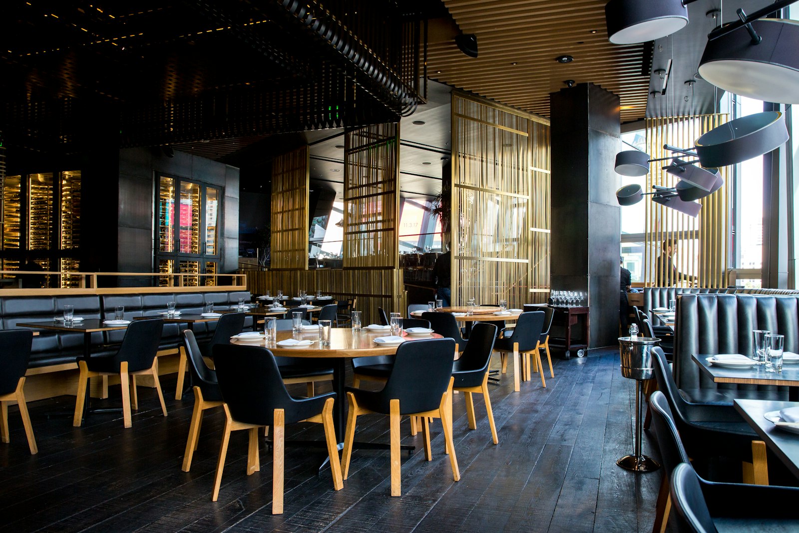 The fourteen-seat dining room at golden hour